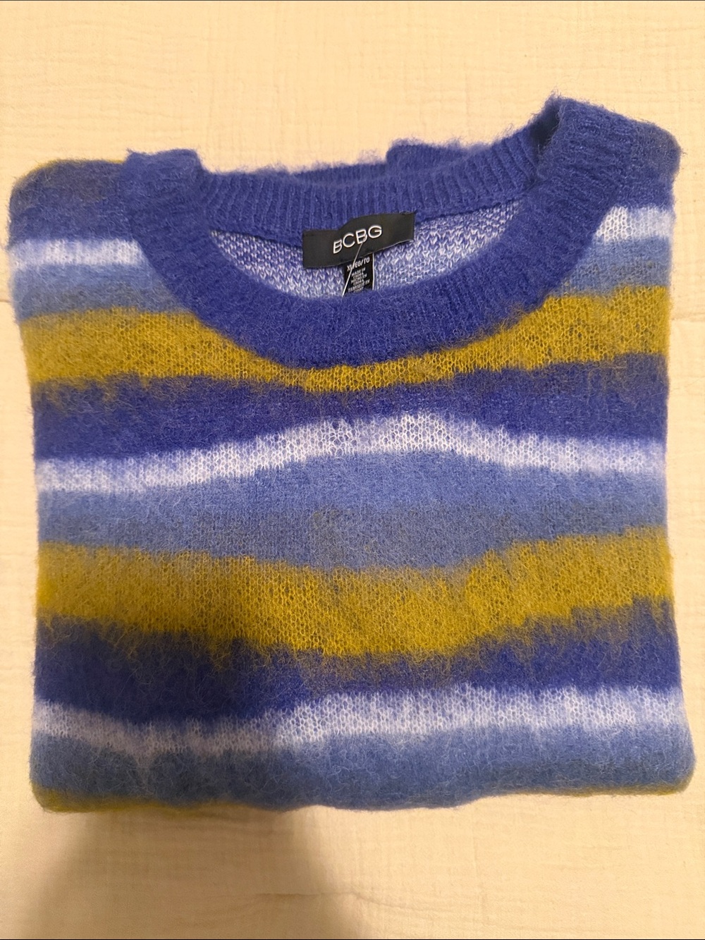 BCBG Blue, Mustard & White Striped Crewneck Sweater - Picture 4 of 5